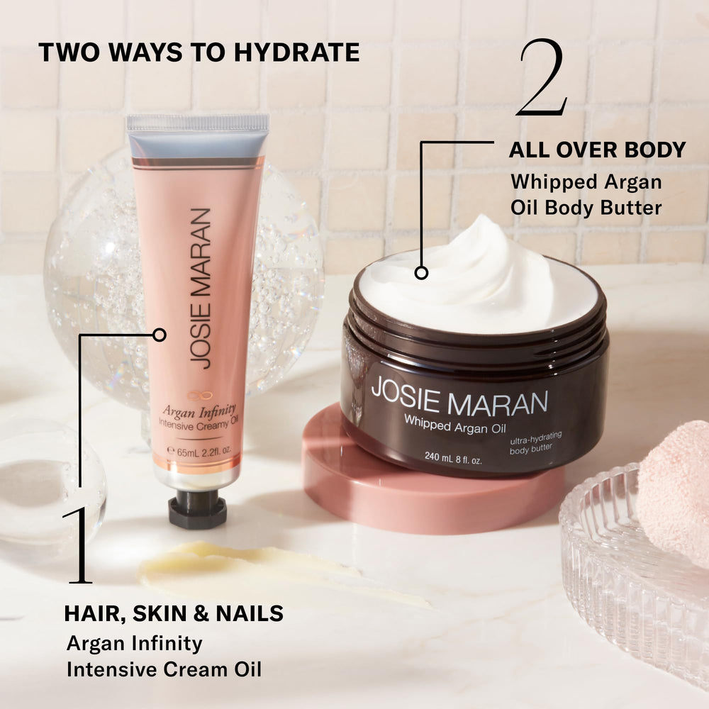 Josie Maran after-shower use promotes a silky, non-sticky finish on skin.
