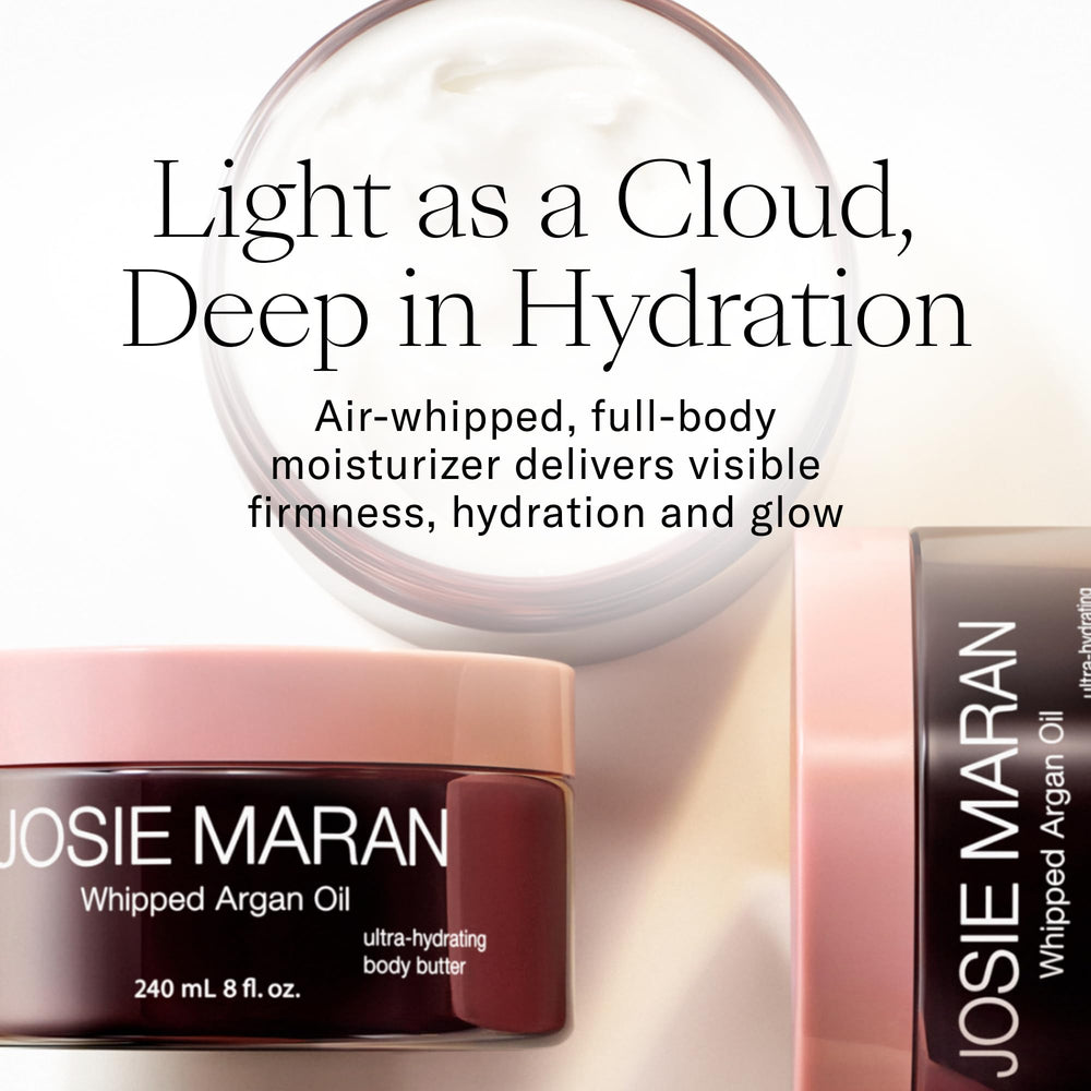 Josie Maran Whipped Argan Oil Body Butter jar demonstrates ultralight moisture and skin bounce