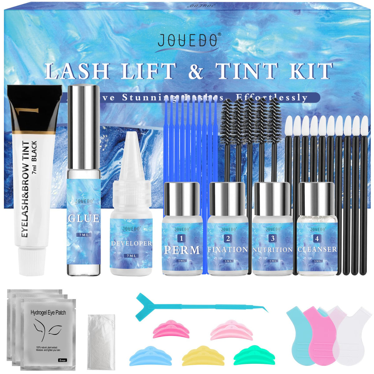 Jouedo Lash Lift Kit cover promotes professional-looking at-home lash styling.