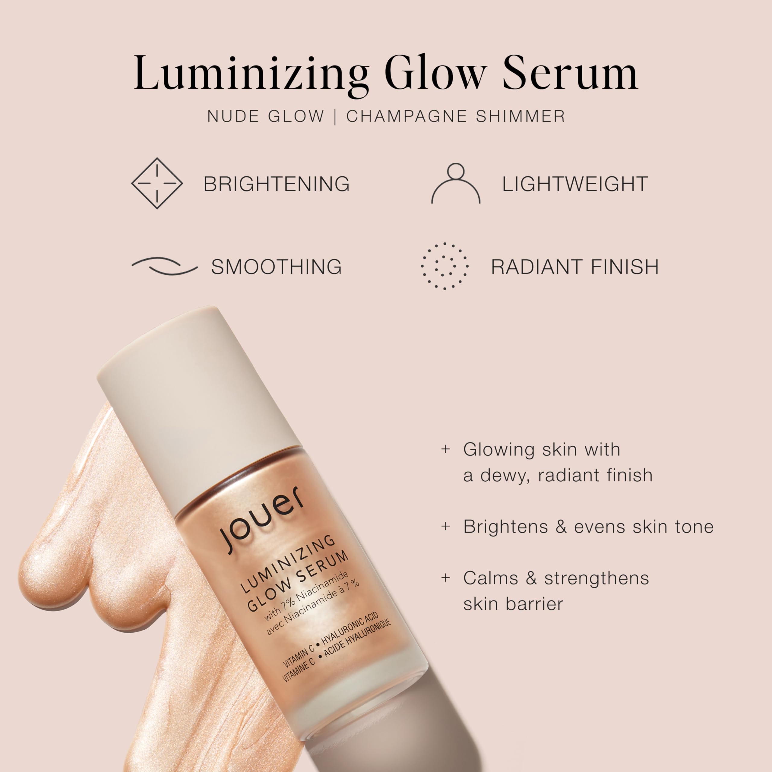 Jouer Glow Drops application on cheek delivers a natural highlight and luminous finish.