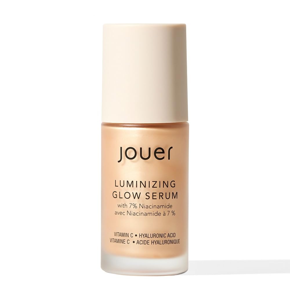 Jouer Luminizing Glow Drops bottle close-up showing hydrating formula for dewy skin.