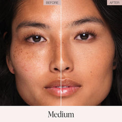 Jouer Medium shade pressed powder provides yellow undertones for a natural foundation set.
