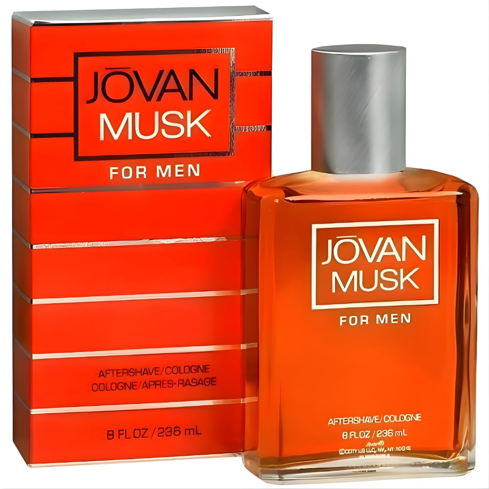 Jovan Musk for Men aftershave bottle 8 oz with lasting musk fragrance for daily grooming.