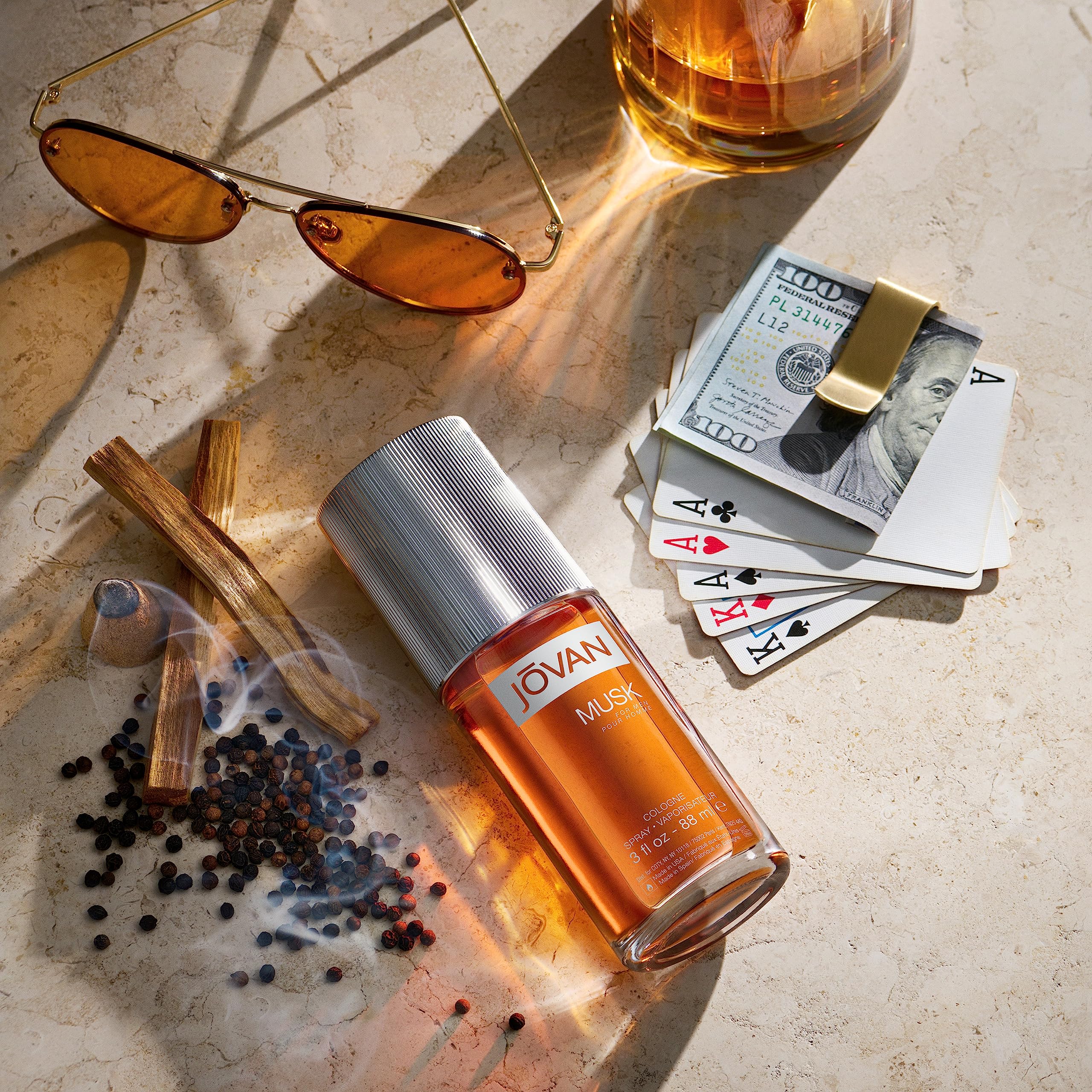 Jovan Musk for Men application shot highlighting easy spray and scent lift.