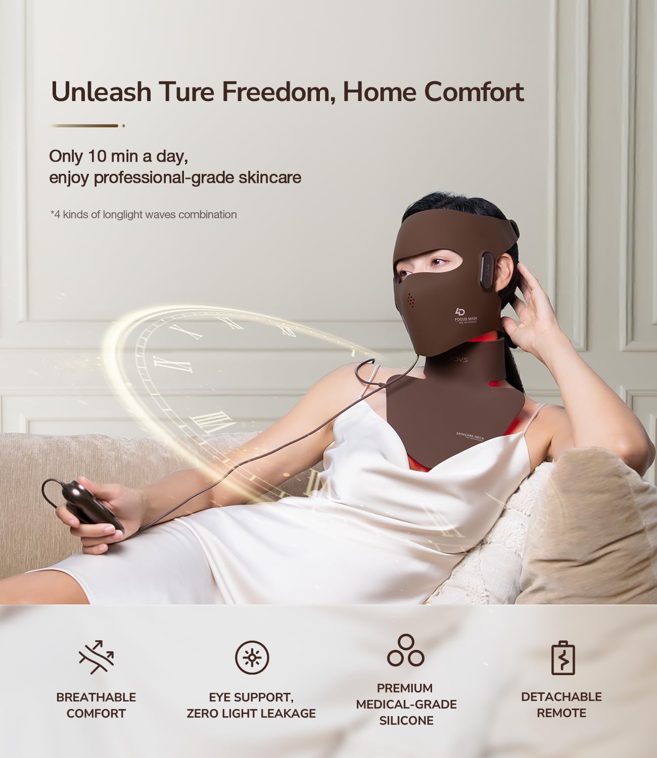 Curved-fit JOVS 4D Laser Mask hugging facial contours for even light