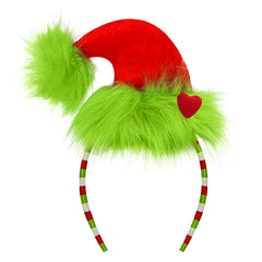 Joycredible green furry headband with Christmas hat, lightweight comfort for all-day wear.
