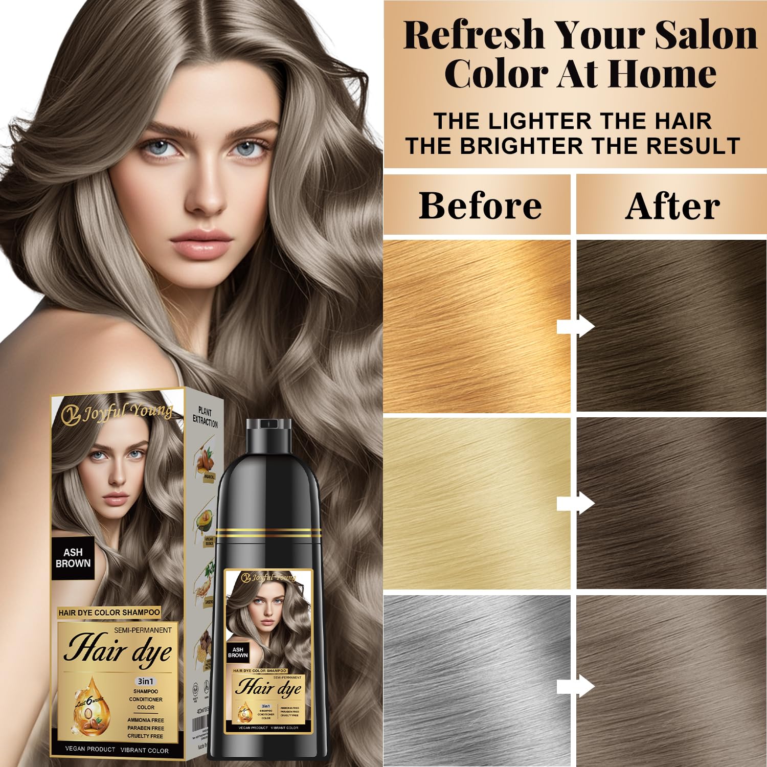 Joyful Young ash brown dye shampoo gray hair coverage close-up looks natural.