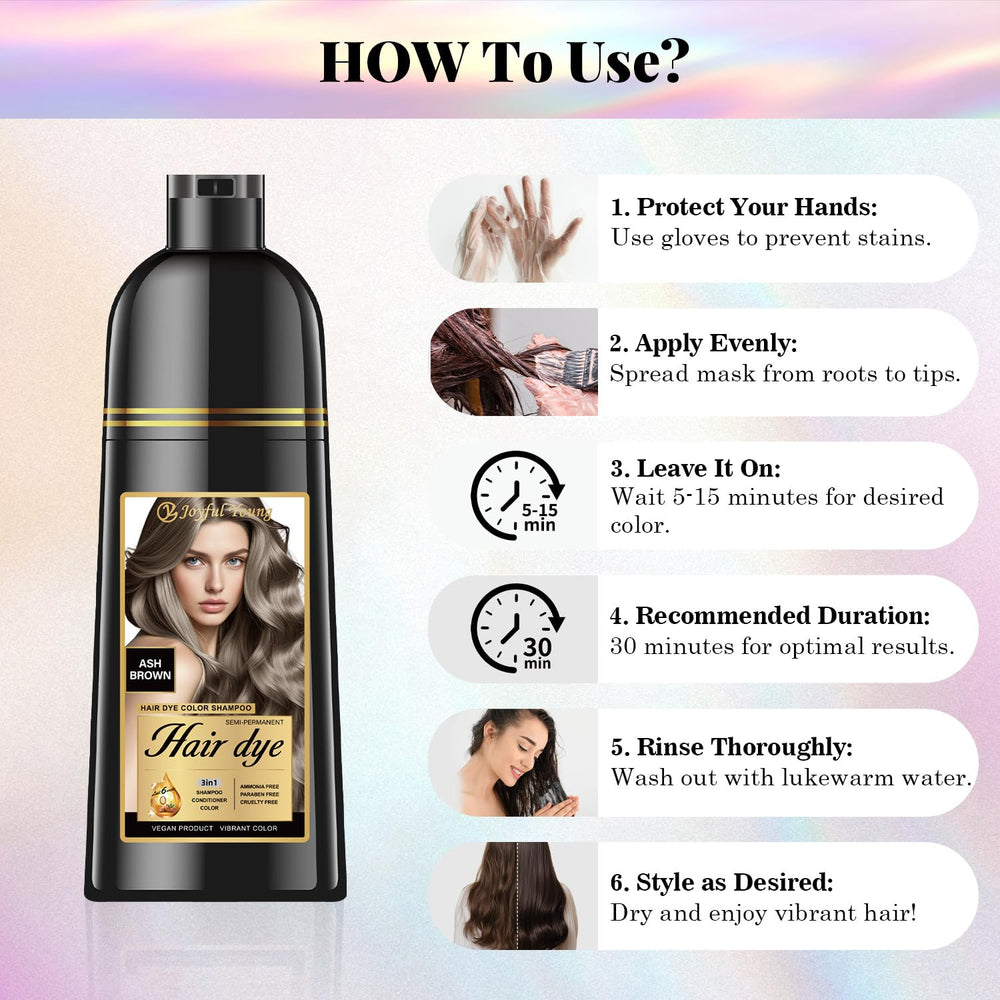 Joyful Young ash brown dye shampoo nourishing oil-rich formula adds softness.