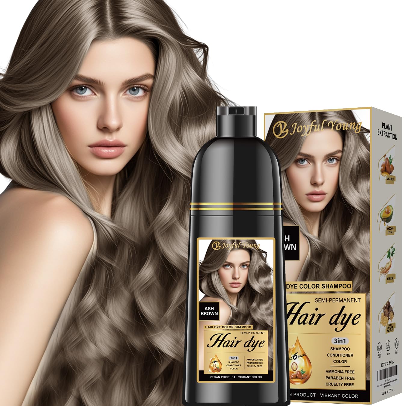 Joyful Young ash brown dye shampoo packaging shows at-home color convenience.