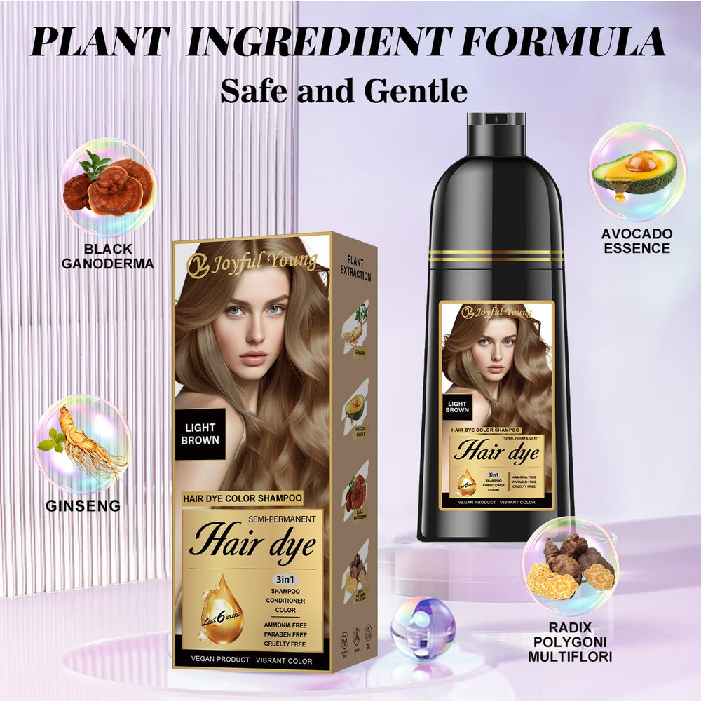 Joyful Young hair color shampoo foam application on hair for quick gray coverage.