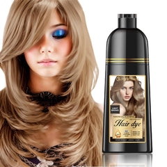 Joyful Young natural color hair dye shampoo bottle closeup showing color deposit for gray coverage.