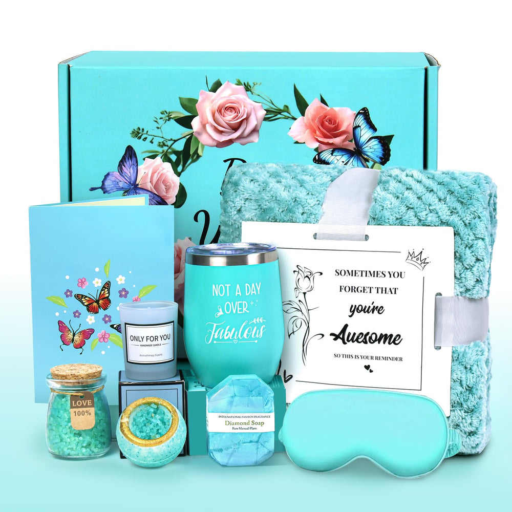 Joyvella Christmas self-care gift blue box with ribbon for festive gifting and pampering moments.