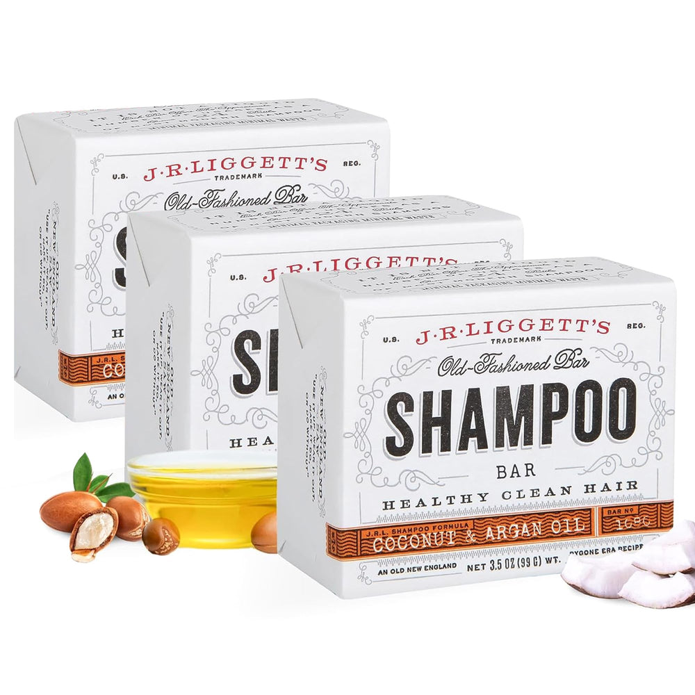 J.R.LIGGETT'S shampoo bar coconut-argan olive-oil pack shows a compact natural cleanse for daily use