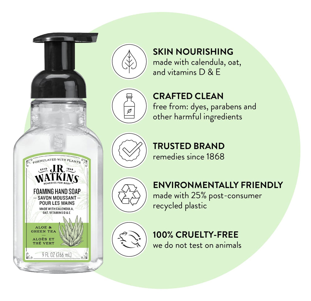 J.R. Watkins foaming soap close-up shows fluffy lather and moisture