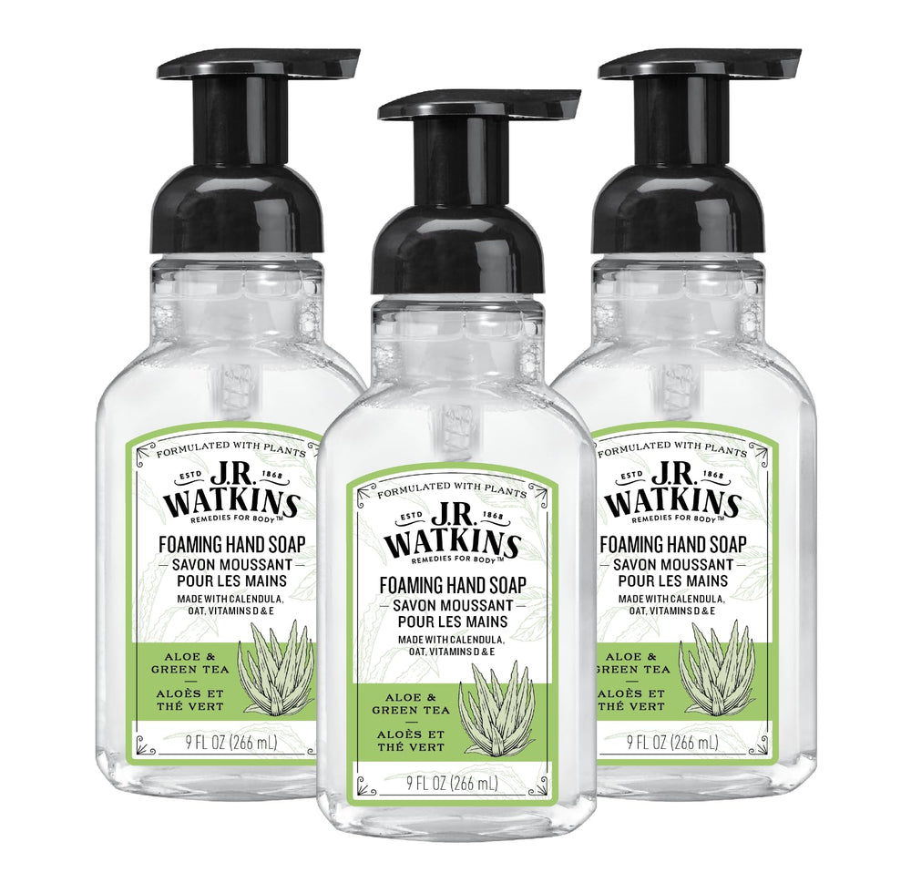 J.R. Watkins foaming hand soap pump dispenser delivers gentle cleansing