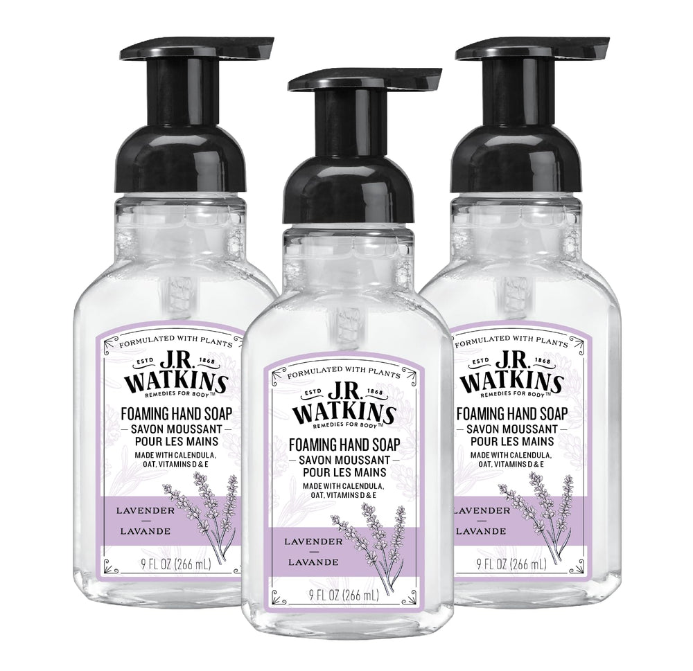 J.R. Watkins foaming hand soap pump dispenser for easy, mess-free washing.
