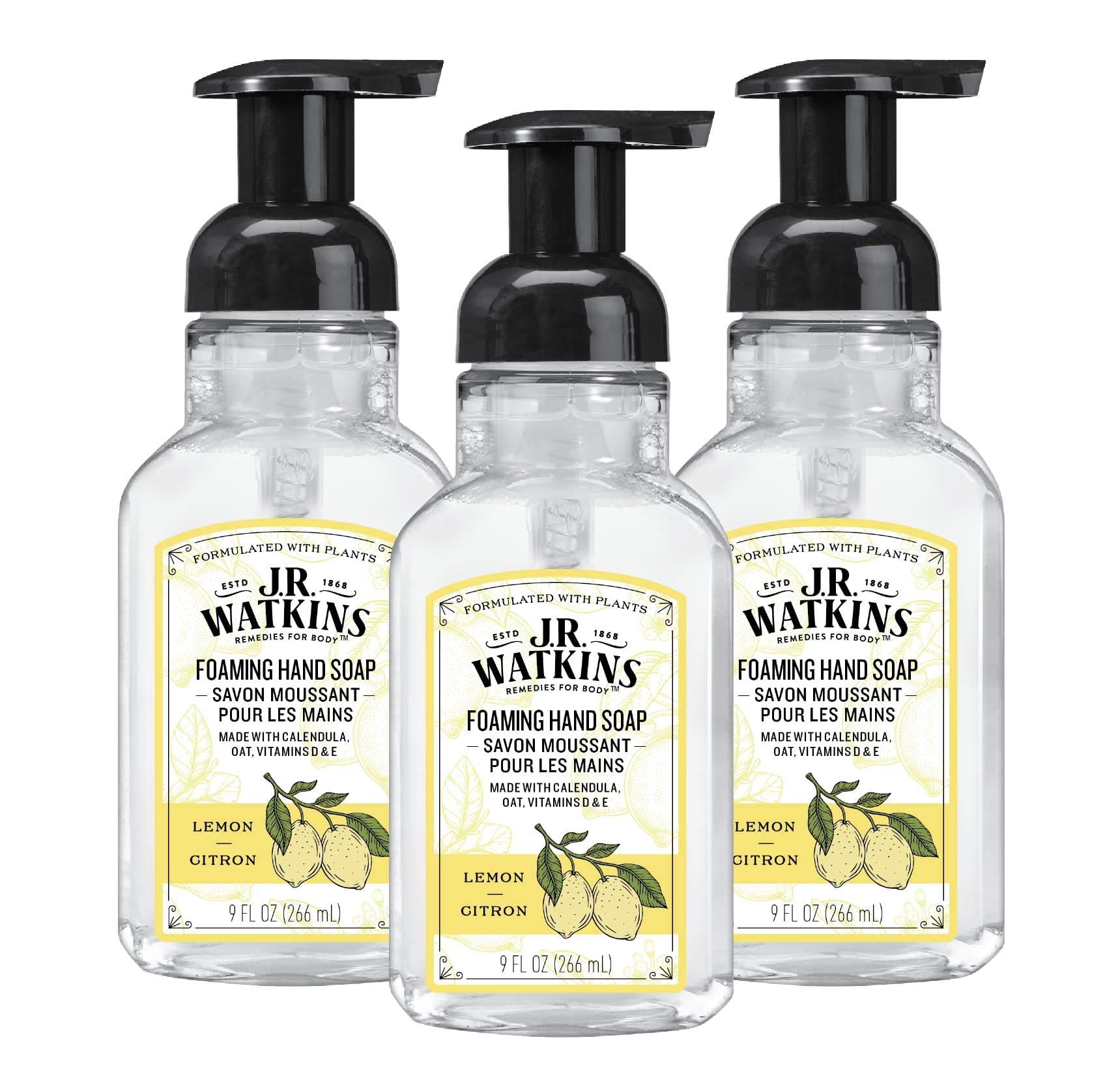 J.R. Watkins foaming hand soap with lemon pump bottle for refreshing cleansing.