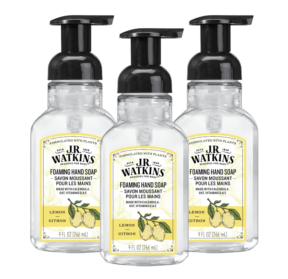 J.R. Watkins foaming hand soap with lemon pump bottle for refreshing cleansing.