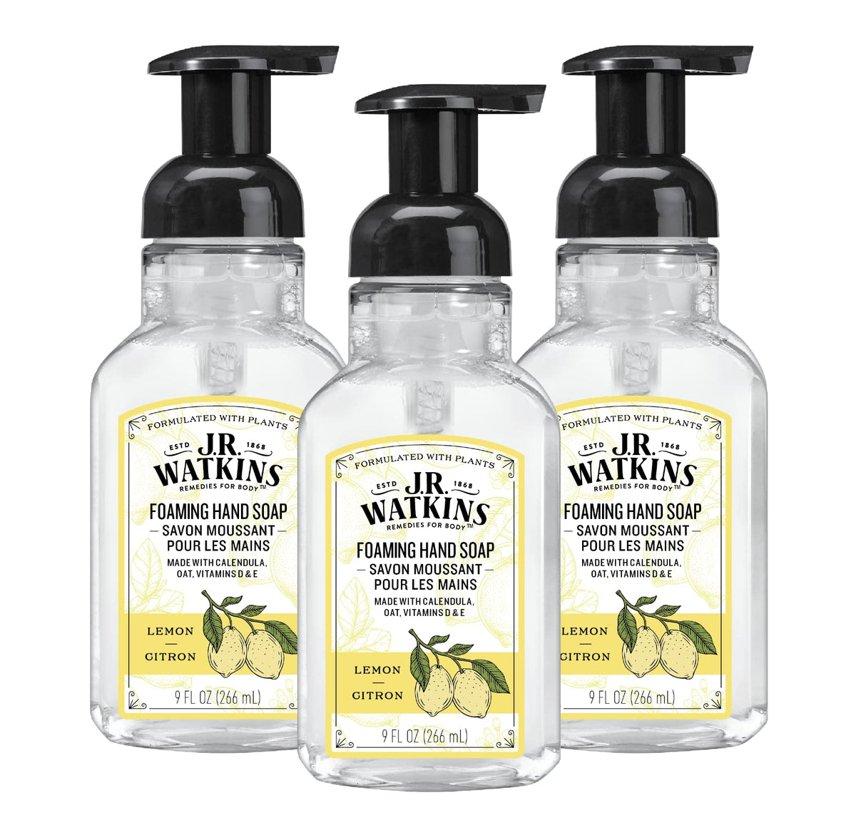 J.R. Watkins foaming hand soap with lemon pump bottle for refreshing cleansing.