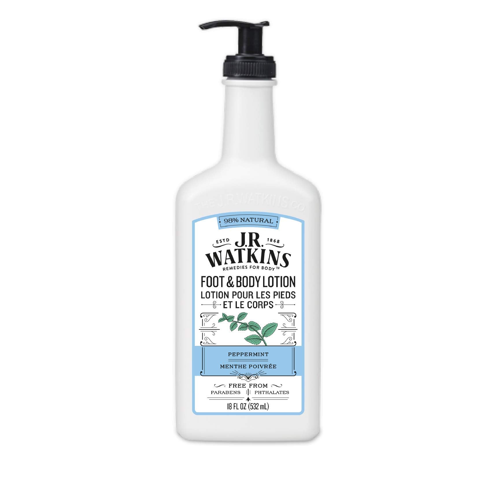 J.R. Watkins foot and body lotion peppermint bottle front hydrates and refreshes skin.