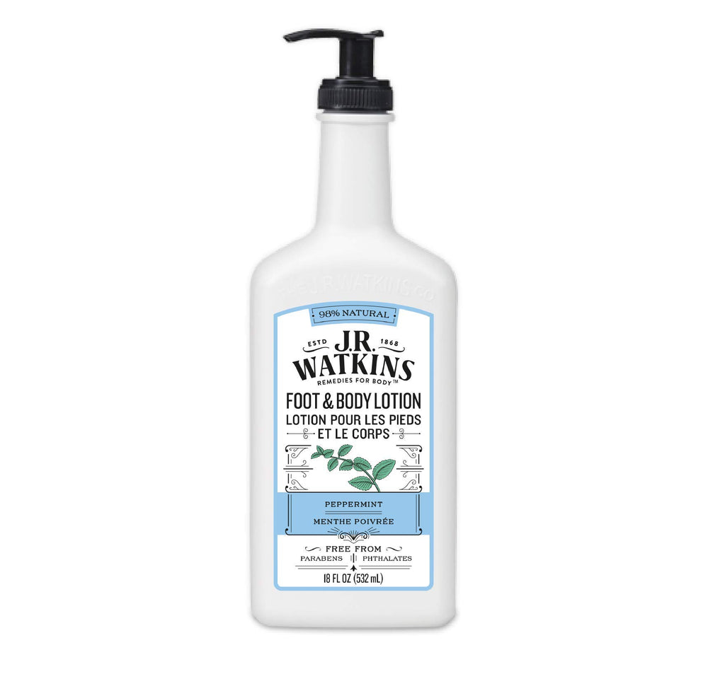 J.R. Watkins foot and body lotion peppermint bottle front hydrates and refreshes skin.