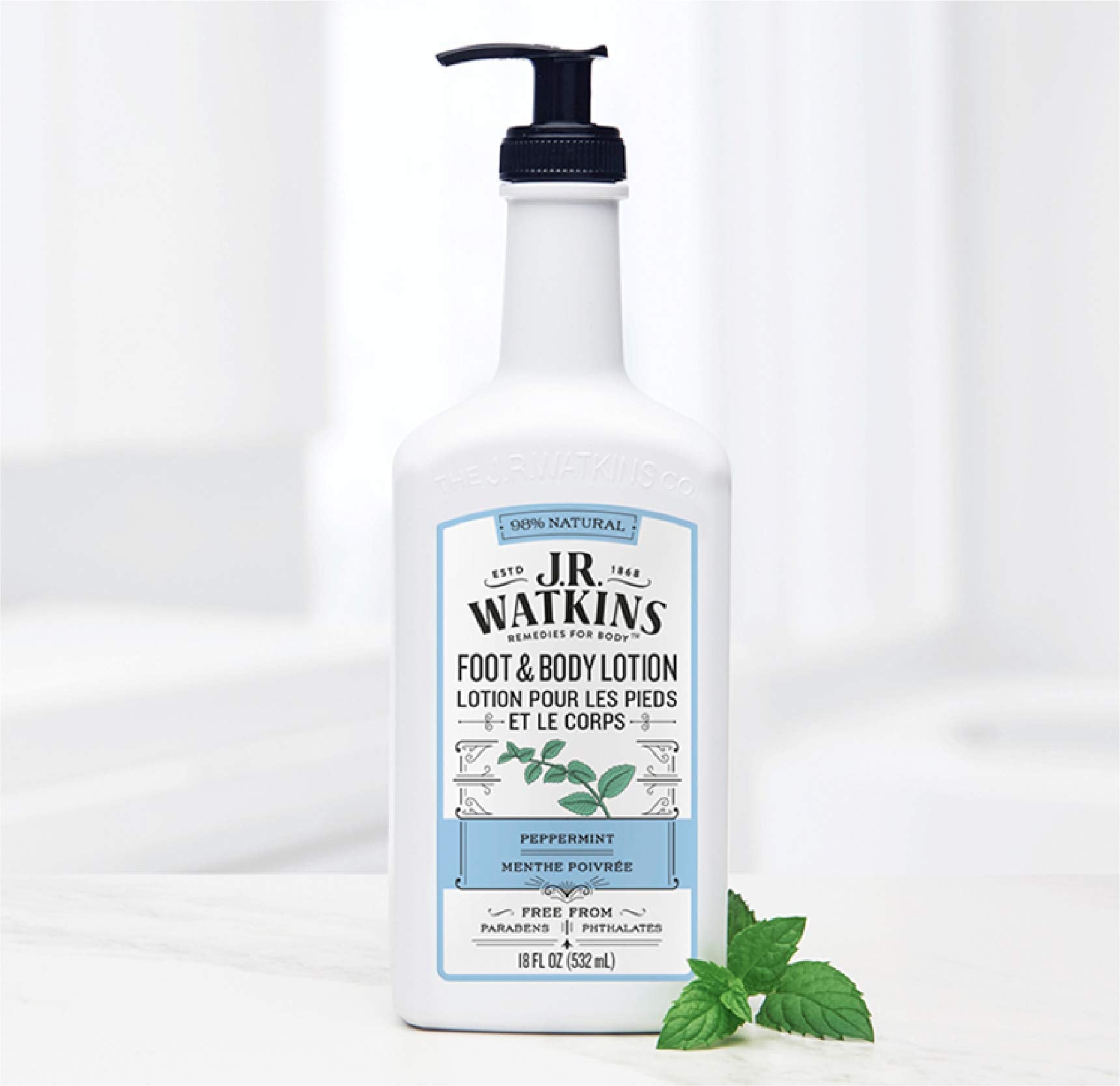 J.R. Watkins foot-care application pump demonstrates easy, mess-free moisturizing.