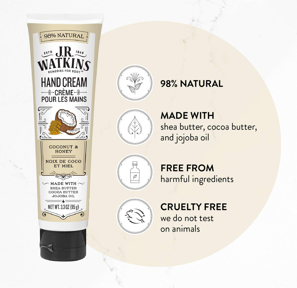J.R. Watkins Hand Cream Coconut closeup texture reveals creamy hydration.