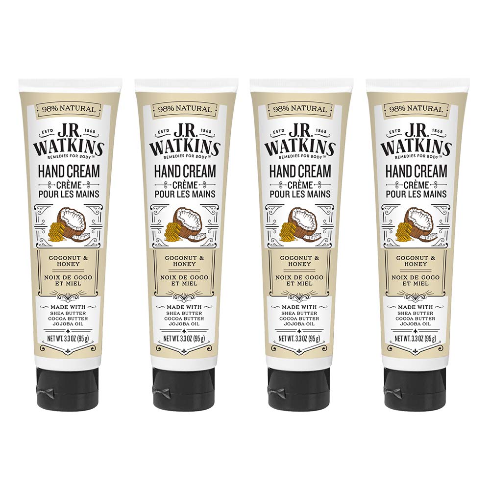 J.R. Watkins Hand Cream Coconut pack4 label highlights daily hydration benefits.