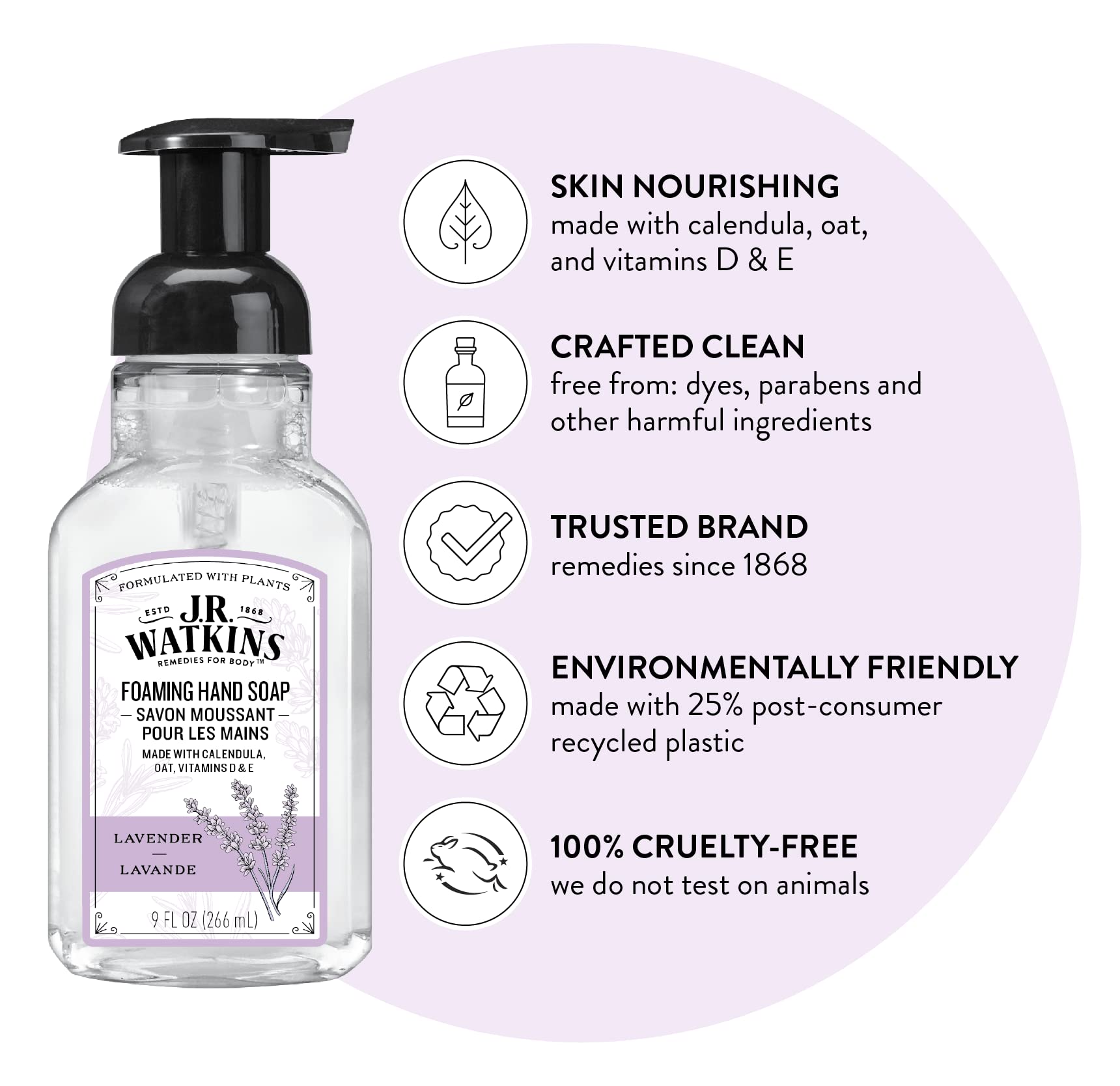 J.R. Watkins lavender-scented foam soap for a refreshing wash experience.