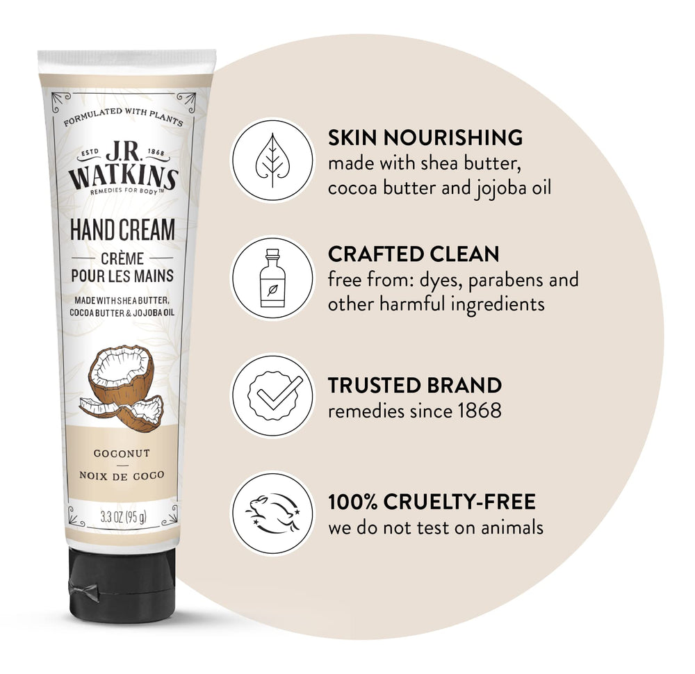 J.R. Watkins Natural Hand Cream close-up shows shea and cocoa butters for nourishing care
