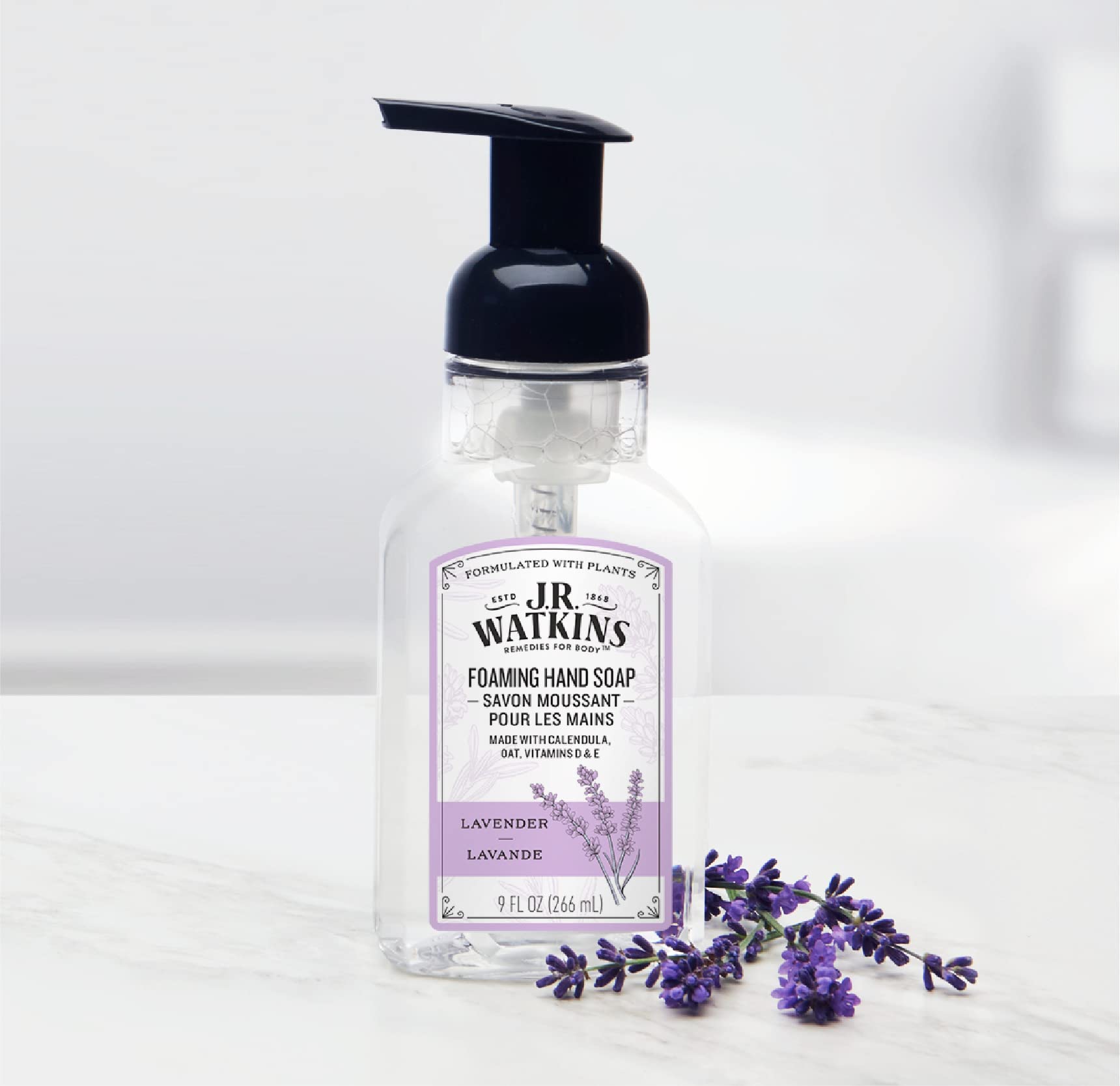 J.R. Watkins plant-based cleanser foaming soap emphasizes gentle cleansing.
