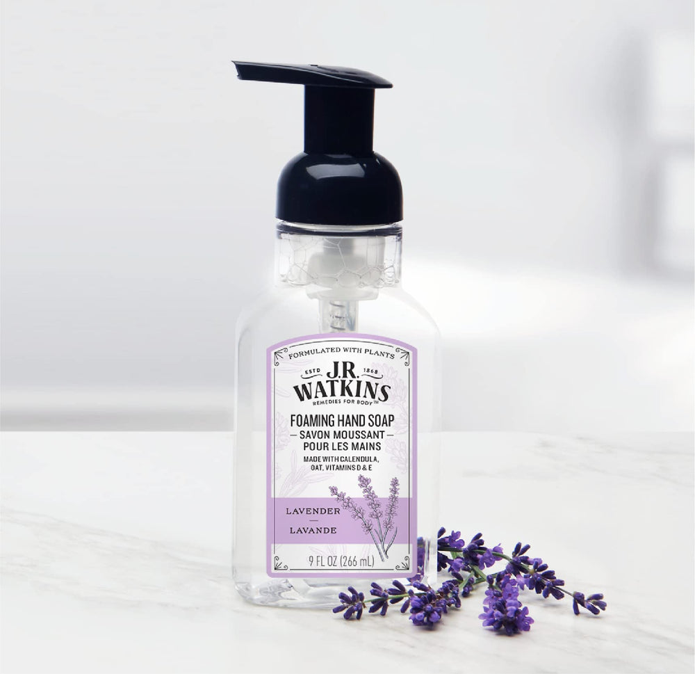 J.R. Watkins plant-based cleanser foaming soap emphasizes gentle cleansing.