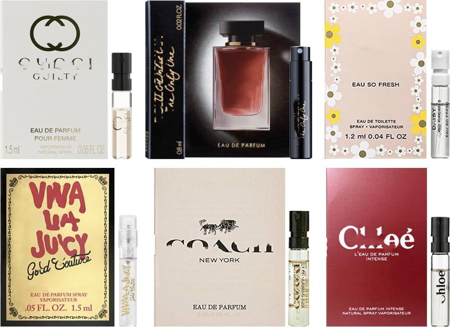 JRoBeauty designer fragrance sampler set: six vials for travel and scent testing.