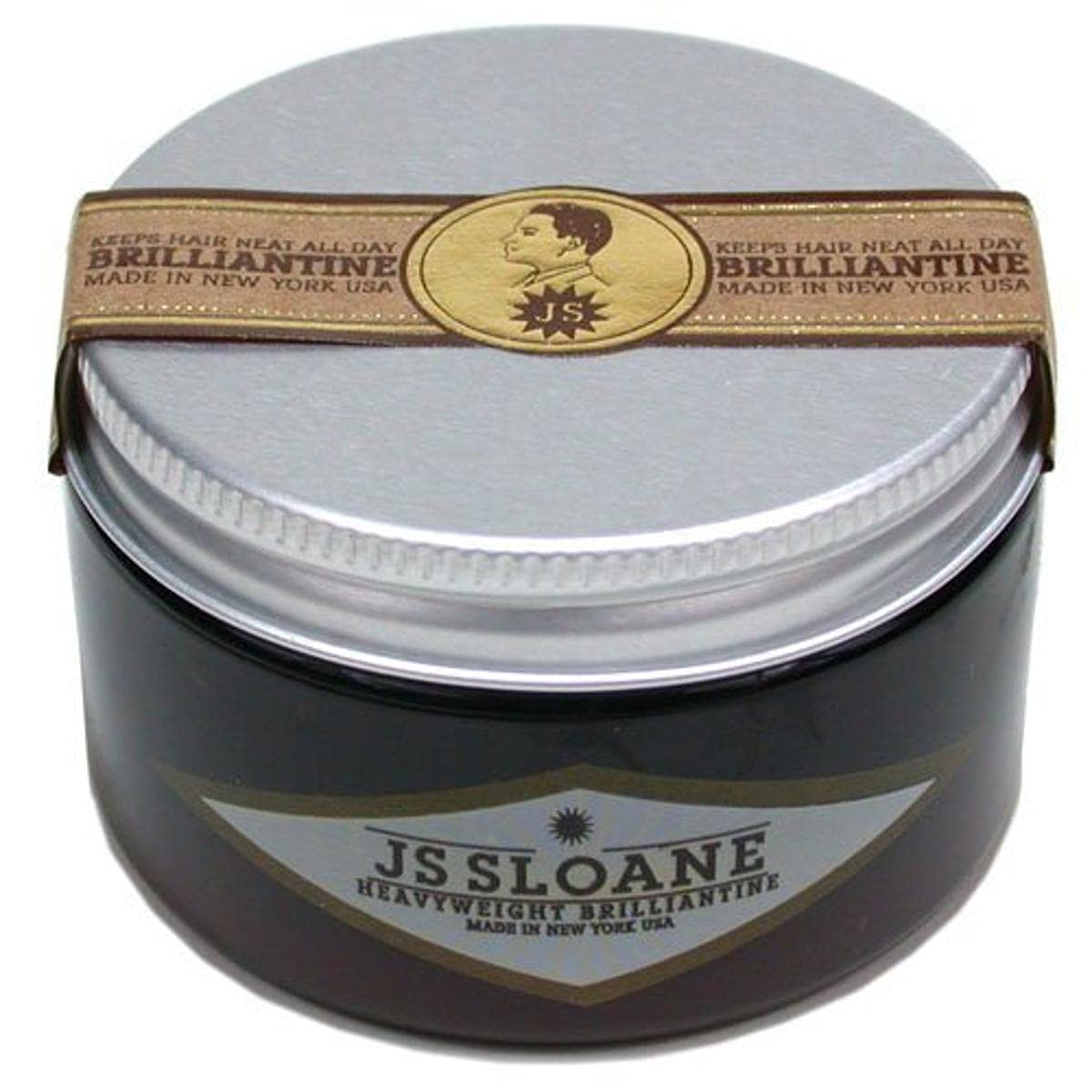 JS Sloane Heavy Weight Brilliantine pomade jar for strong hold and easy washout.