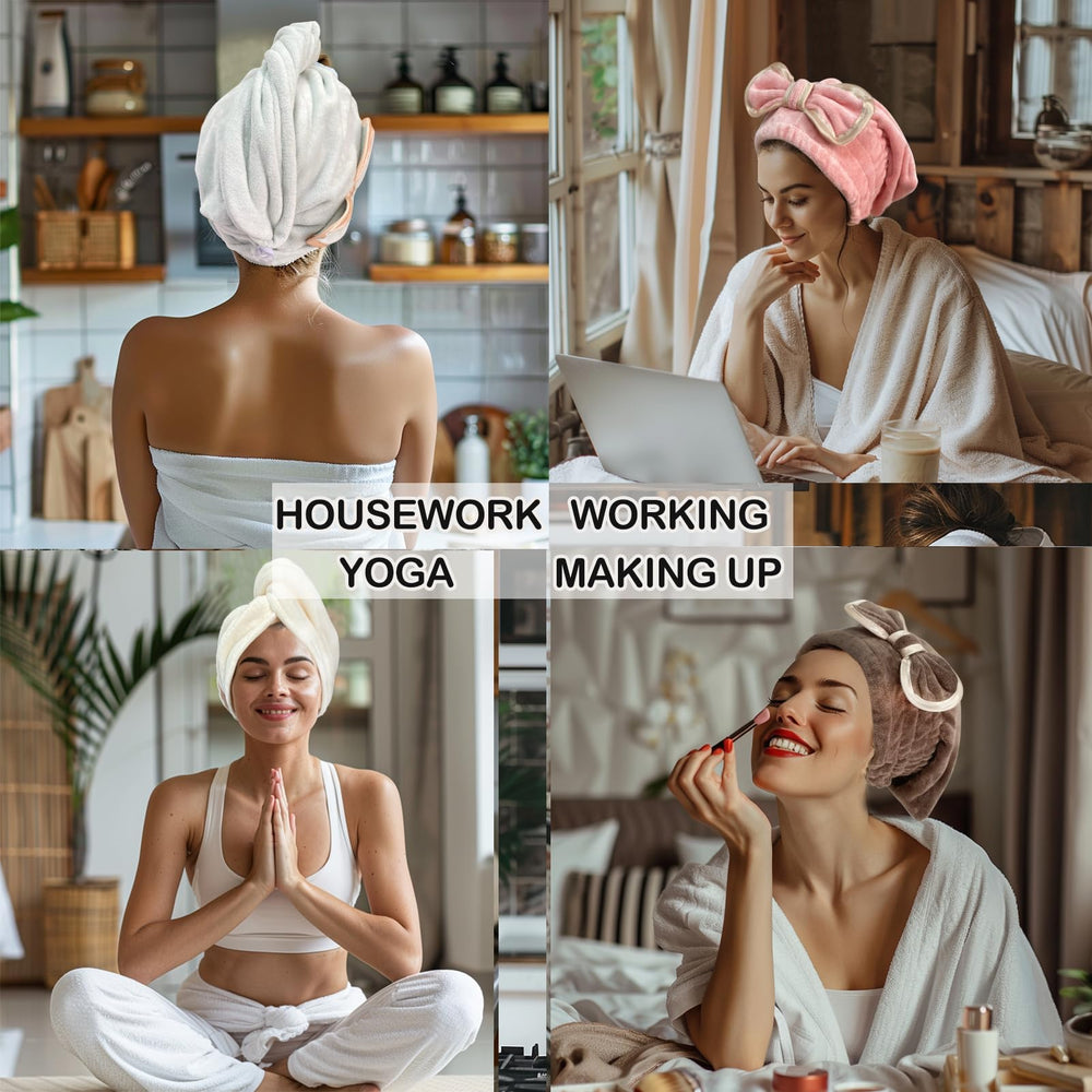 Jseng hair towel cap worn-fit showing lightweight, breathable design for all day wear.