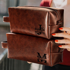 JSENGIFT men's toiletry bag Initial M side view showing pocket layout for better organization