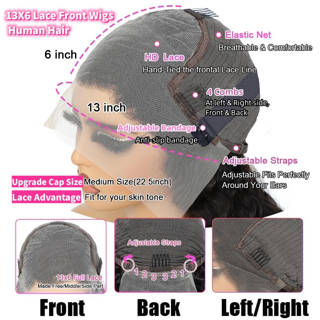 JTMMP Medium 3D dome cap with adjustable straps and four combs for secure fit
