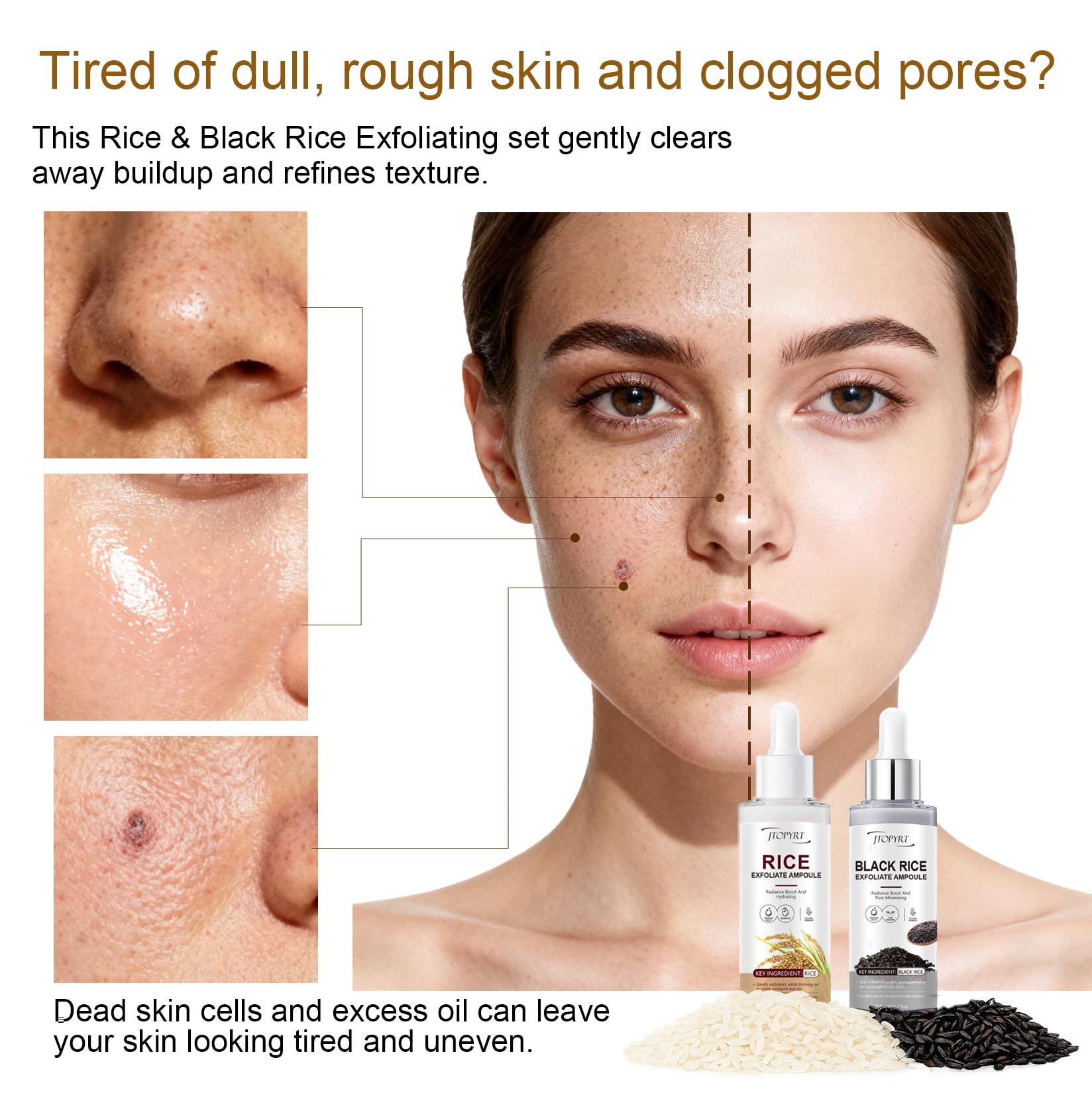 Jtopyrt Glow Black Rice Exfoliate Ampoule bottle demonstrates deep cleansing for balanced pores.