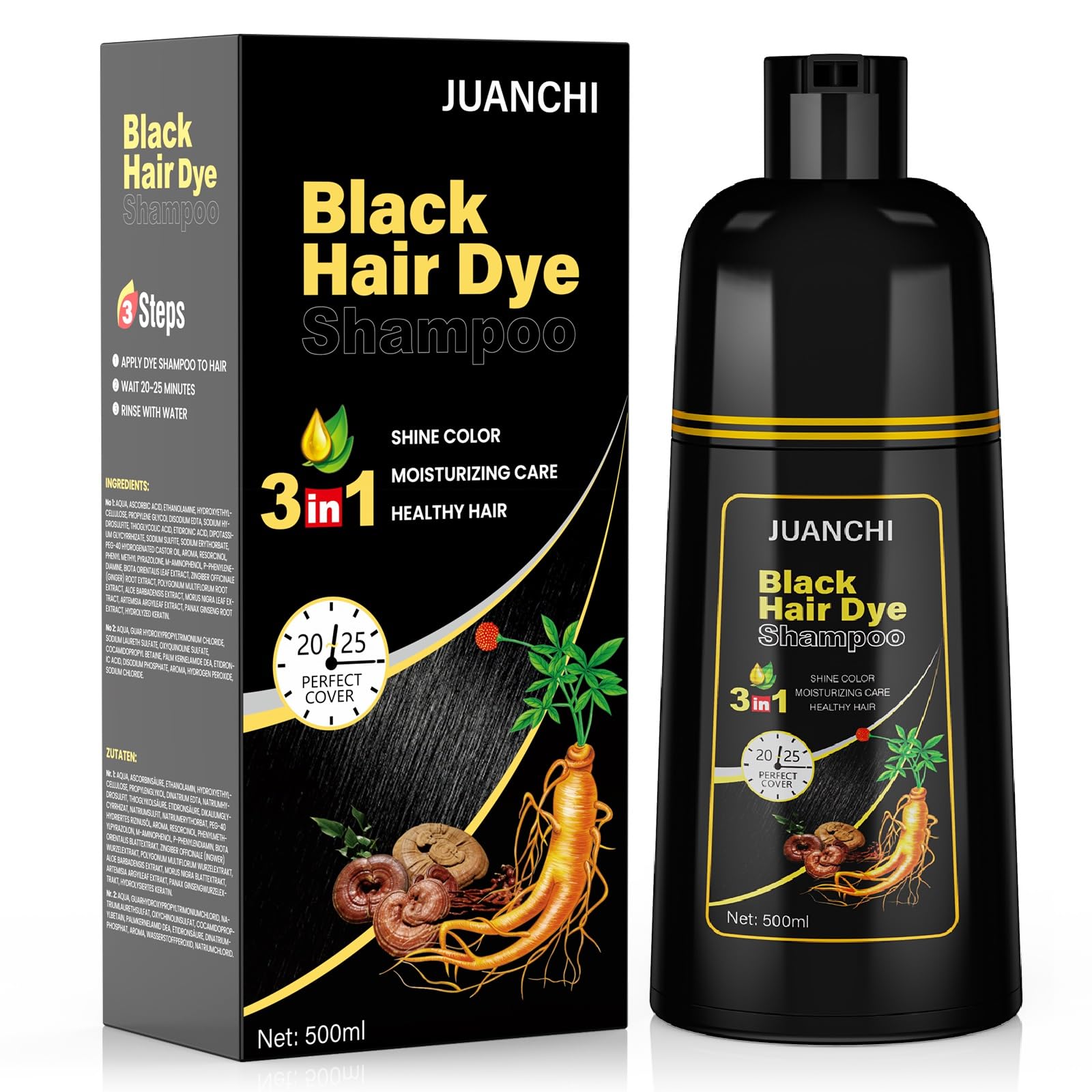 JUANCHI Black Hair Dye Shampoo bottle front for easy gray coverage