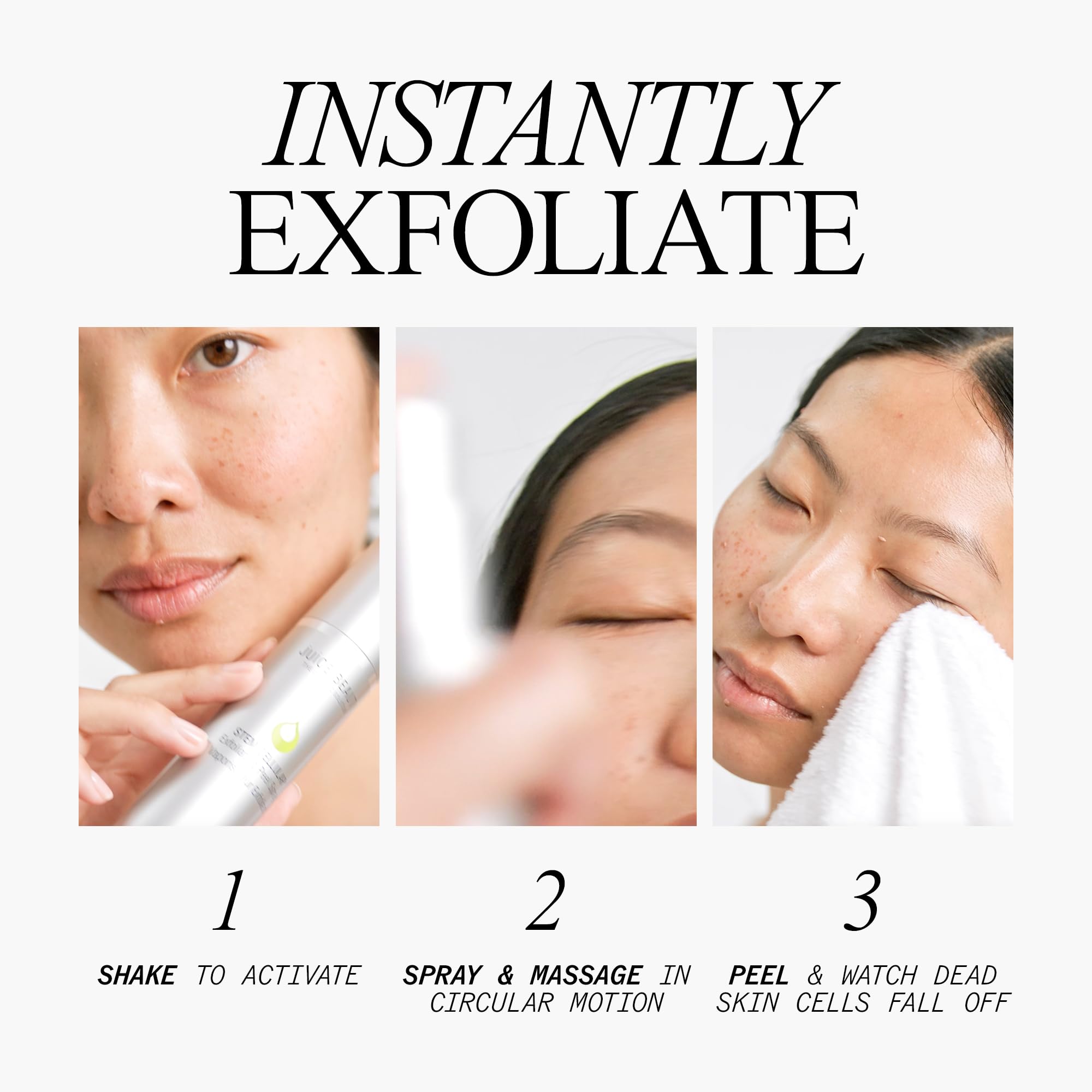 Juice Beauty Stem Cellular Exfoliating Peel Spray ingredient chart showing SuperJuice Complex and plant stem cells for radiance.