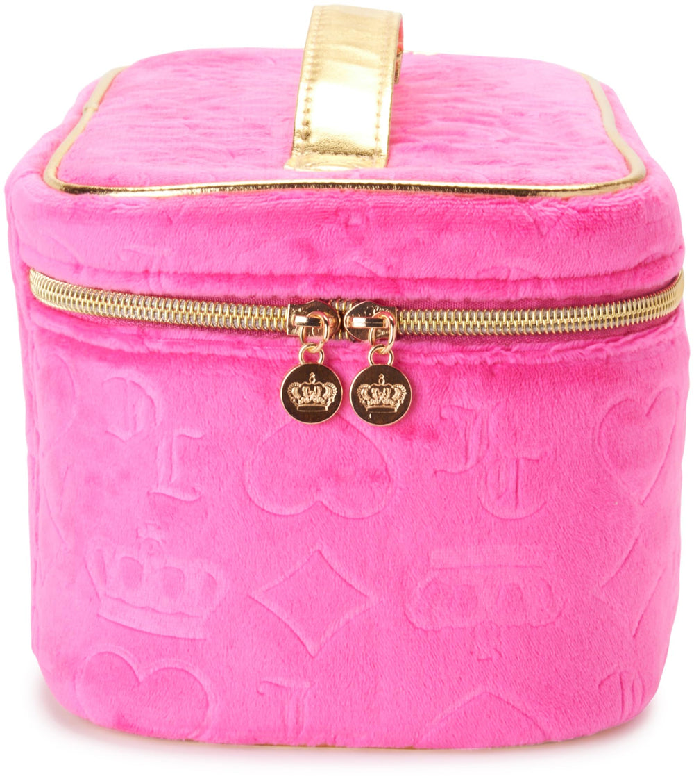 Juicy Couture heart crown logo detail adds playful luxury to travel kit.