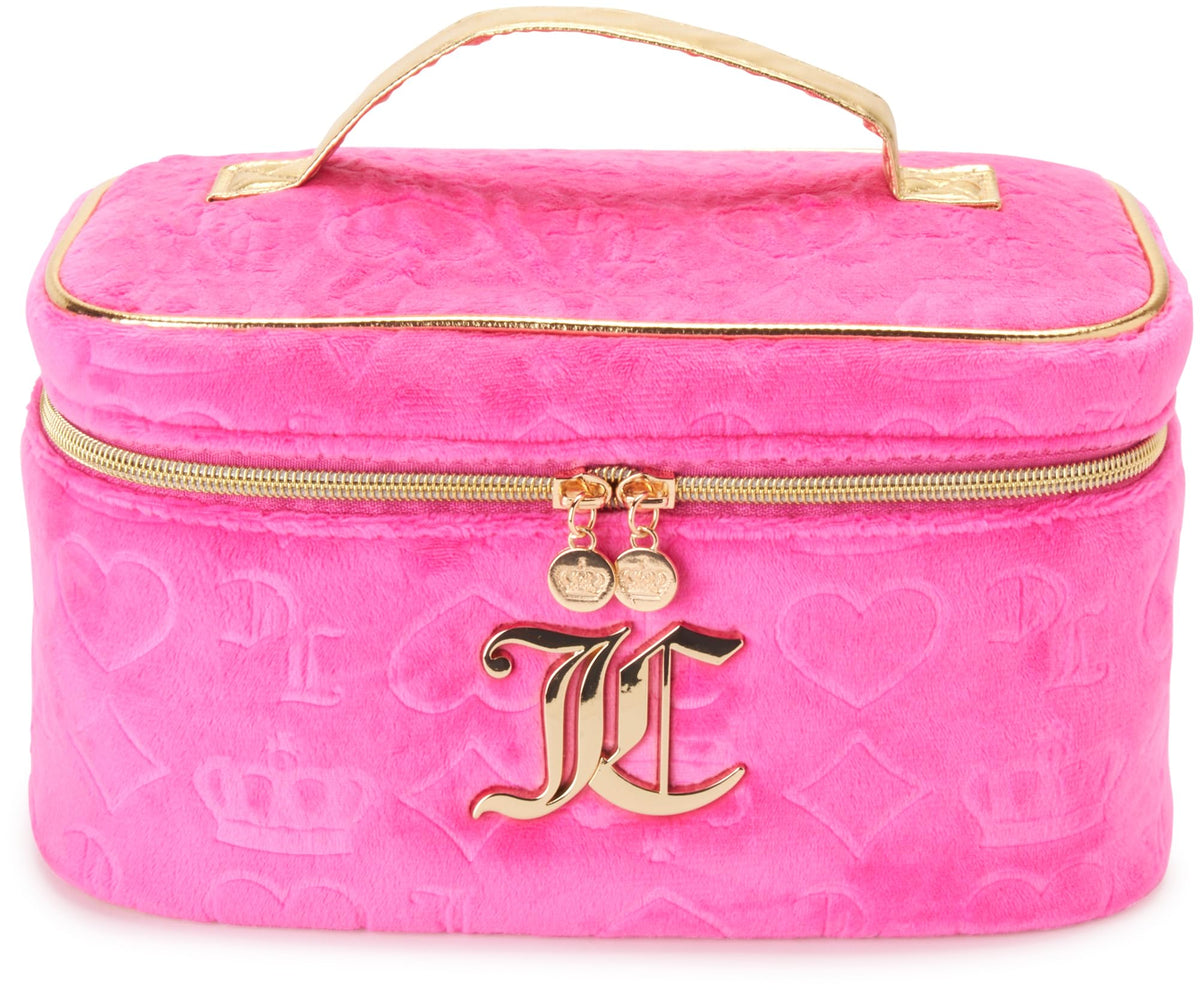 Juicy Couture hot pink makeup bag front view for chic travel organization.