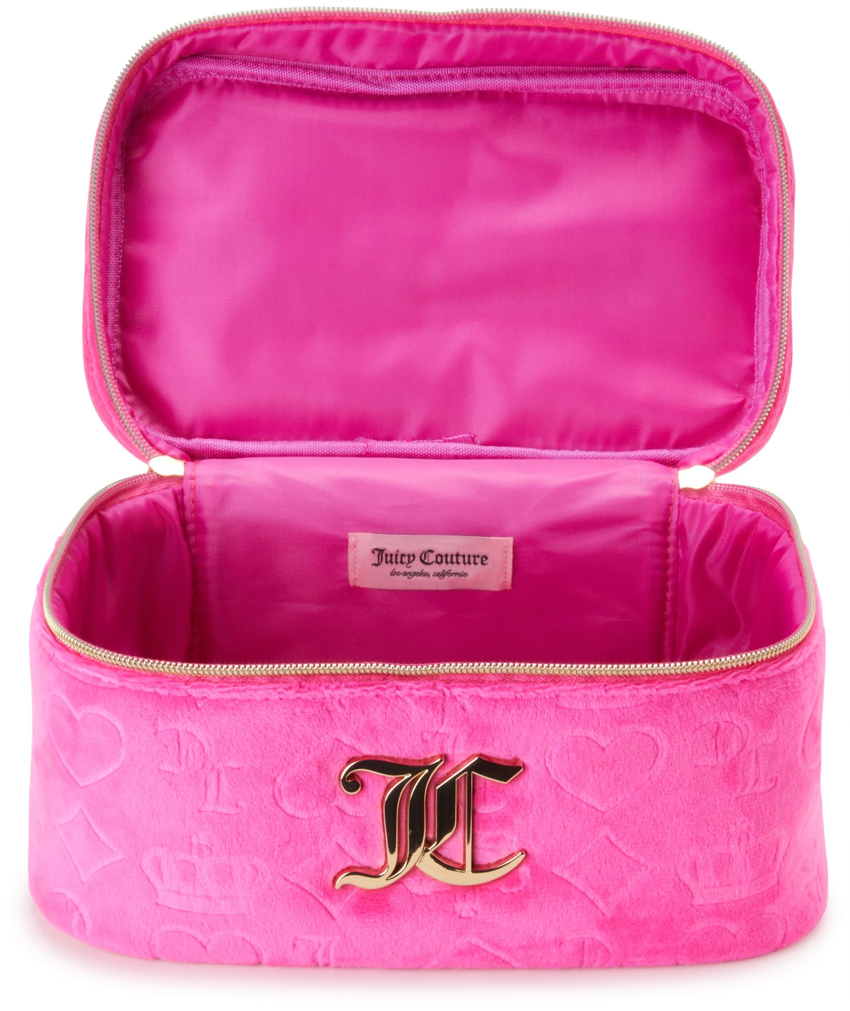 Juicy Couture hot pink makeup bag with brushes ready for quick touch-ups.