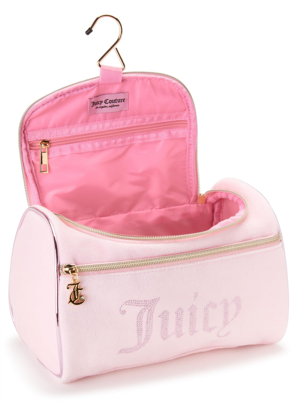 Juicy Couture pink makeup bag durable-zip closure ensures secure travel storage.