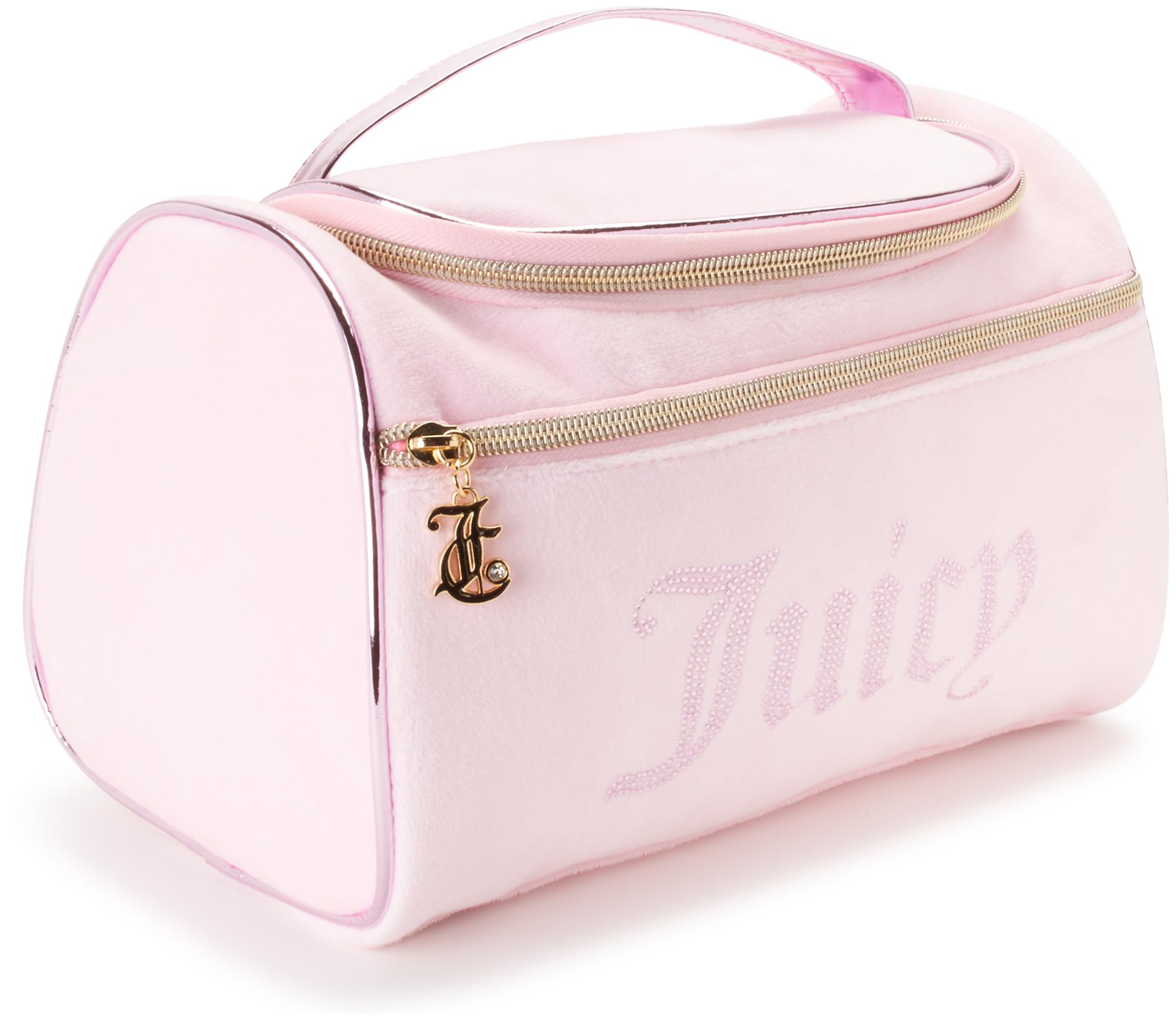 Juicy Couture pink makeup bag outside view shows chic velour finish for travel organization.