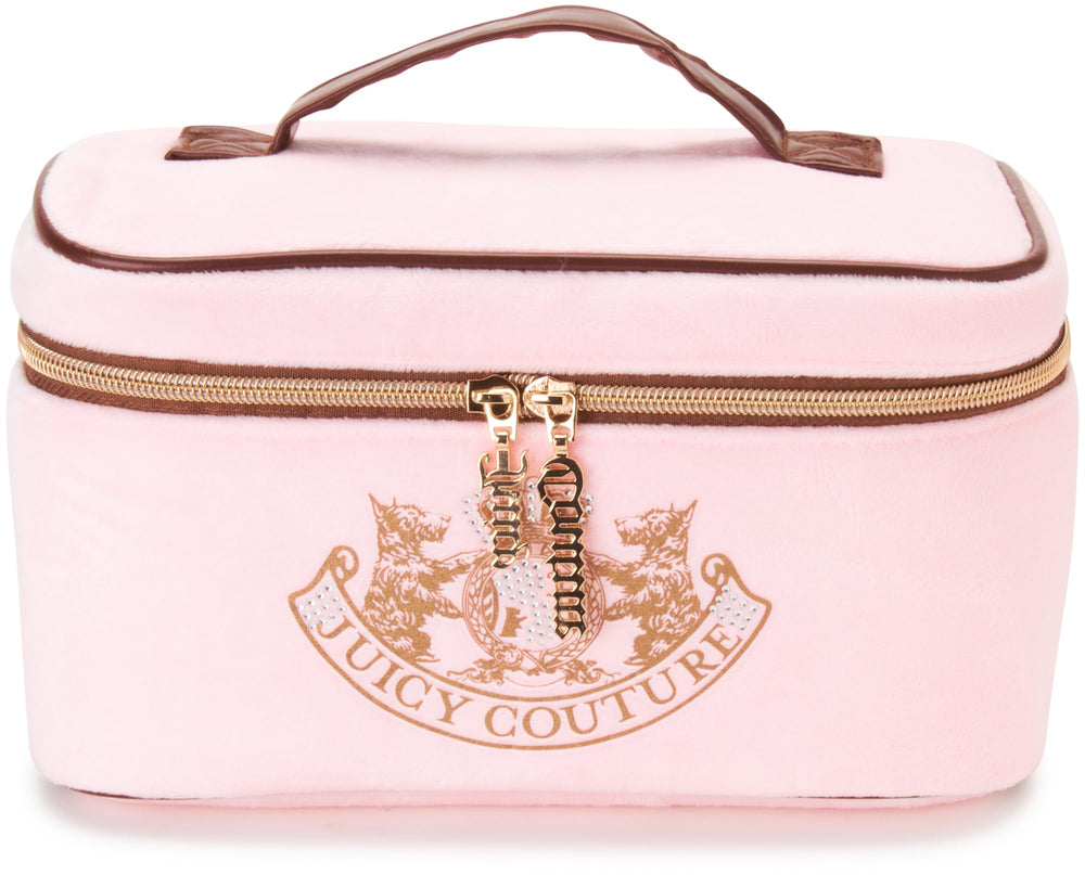 Juicy Couture pink makeup bag train case with velour finish for chic travel storage.