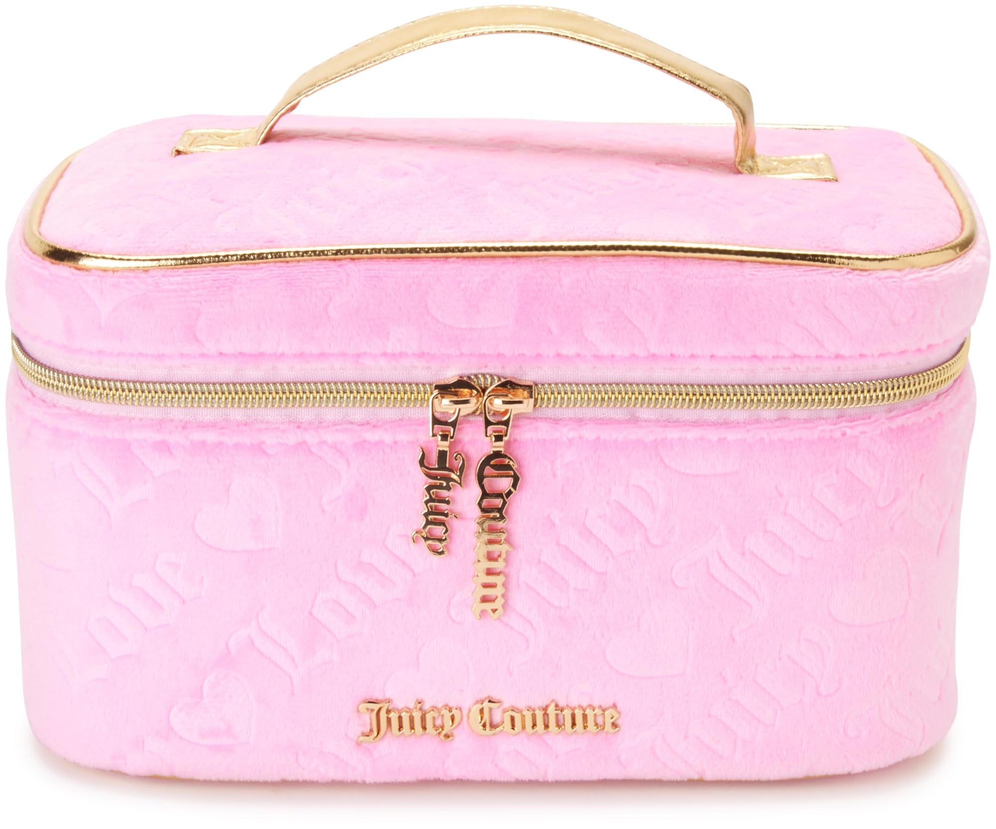 Juicy Couture pink makeup bag train case keeps cosmetics organized for travel.