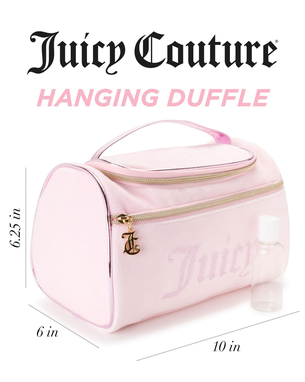 Juicy Couture pink makeup bag velour finish close-up highlights luxurious texture for everyday glam.
