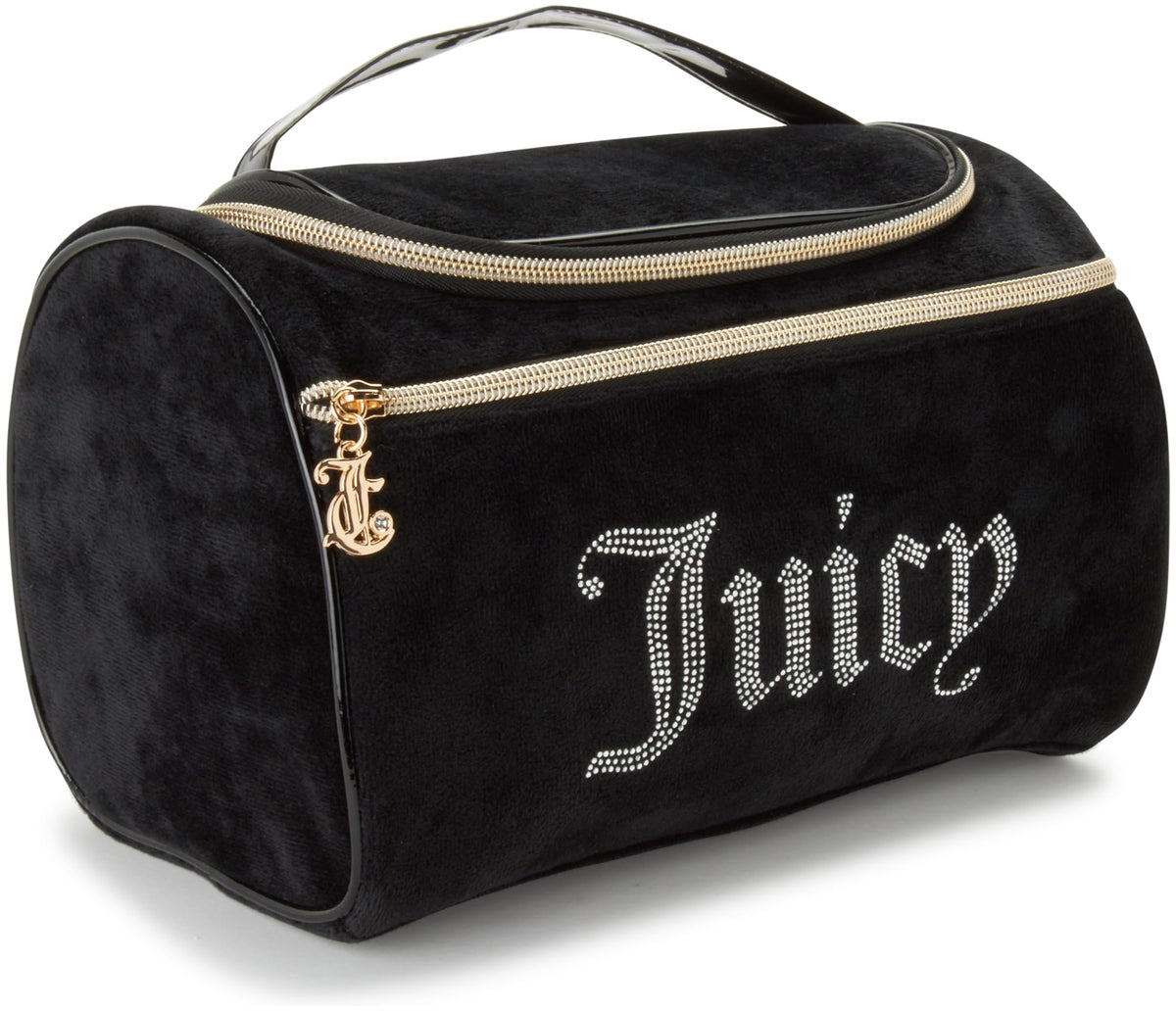 Juicy Couture black makeup bag velour rhinestones; stylish travel storage for cosmetics and essentials.