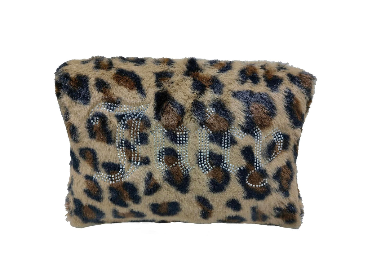 Juicy Couture brown makeup bag with wedge leopard print for stylish travel organization.